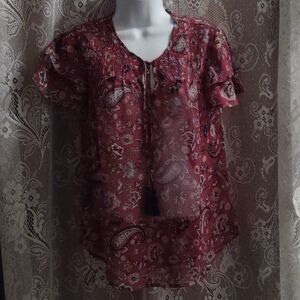 New Knox Rose XS sheer red Paisley floral Boho top flutter‎ sleeve tassel tie